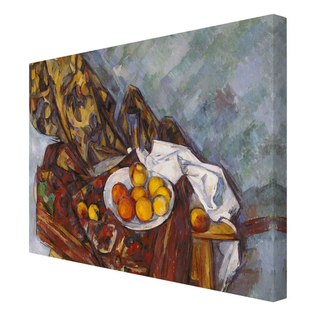 Canvas schilderijen Paul Cézanne - Still Life, Flower Curtain, And Fruits