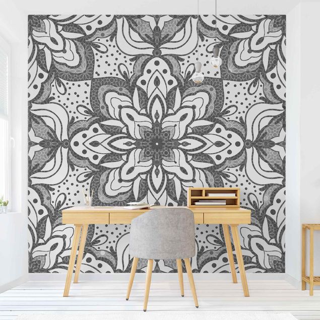 Patroonbehang Mandala With Grid And Dots In Gray