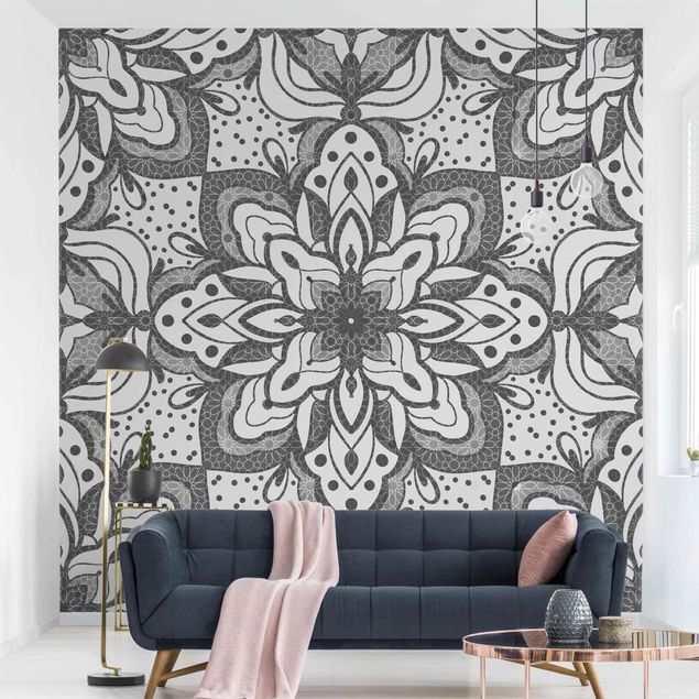 Patroonbehang Mandala With Grid And Dots In Gray