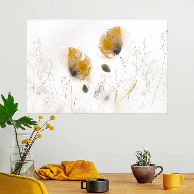 Magnettafel Glas Poppy Flowers And Delicate Grasses In Soft Fog