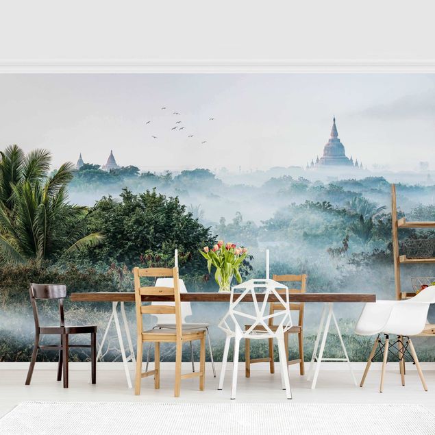 Fotobehang Morning Fog Over The Jungle Of Bagan