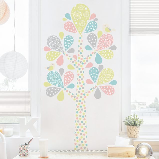 Muurstickers vogels No.yk76 Abstract tree with big drop sheets in pastel