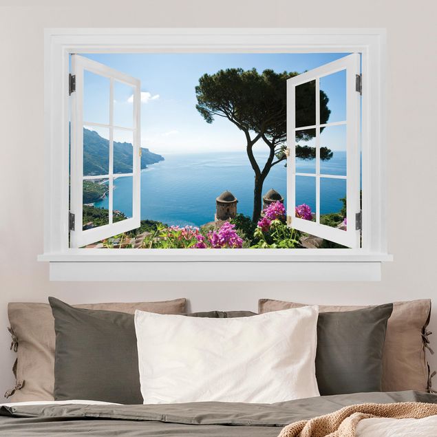 Muurstickers 3d Open window view from the garden to the sea
