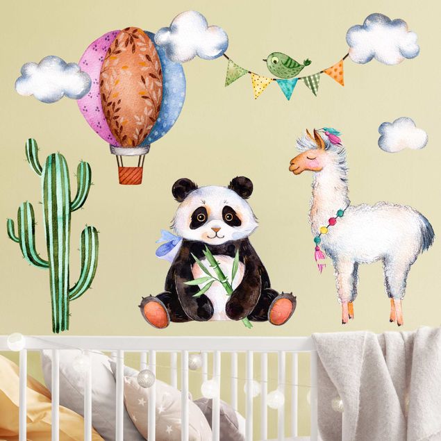 Muurstickers panda Panda and Lama Watercolor Set