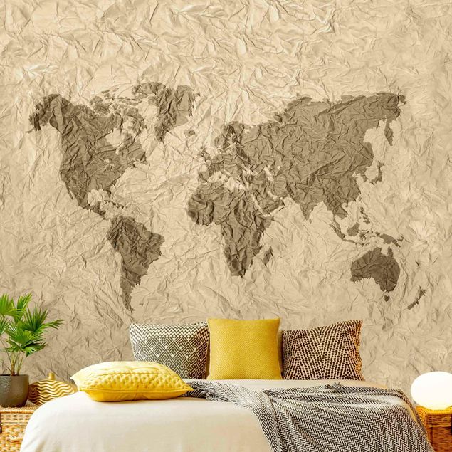 Fotobehang Paper World Map Beige Brown