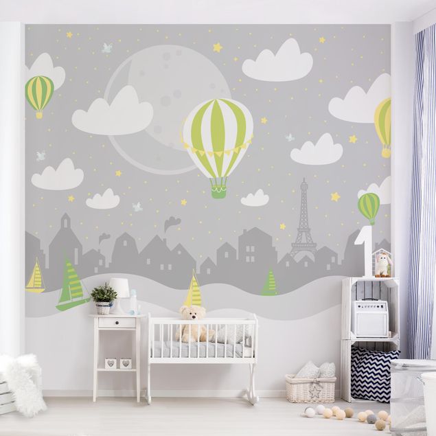 Fotobehang - Paris With Stars And Hot Air Balloon In Grey