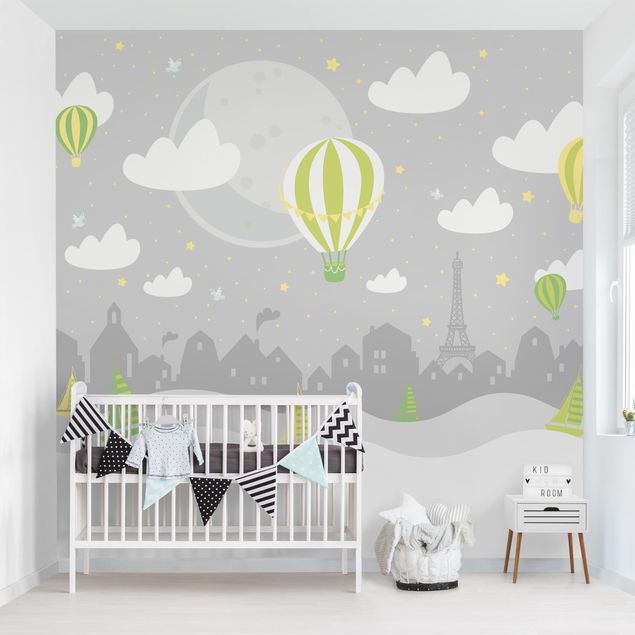 Fotobehang - Paris With Stars And Hot Air Balloon In Grey