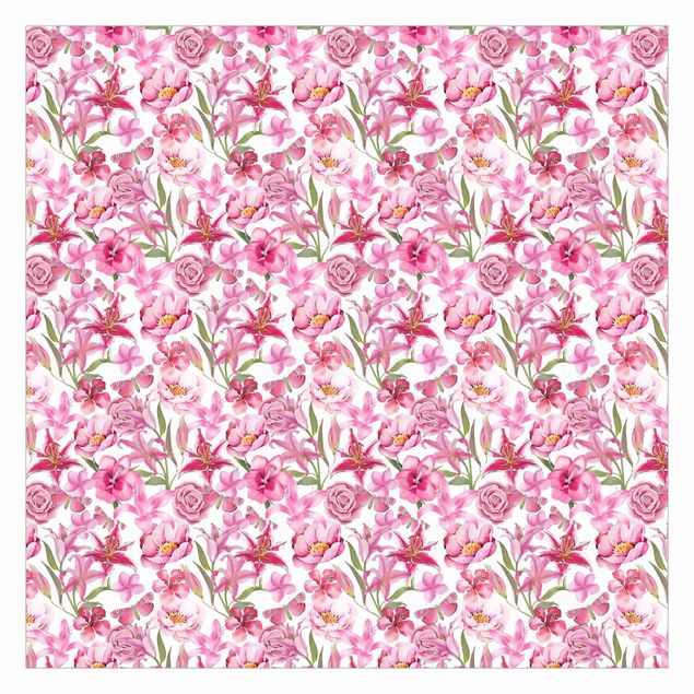 Fotobehang Pink Flowers With Butterflies