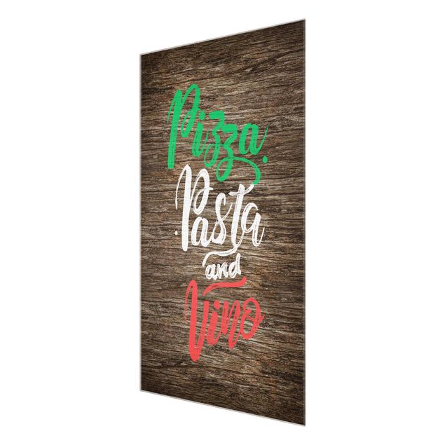 Glasschilderijen Pizza Pasta and Vino On Wooden Board