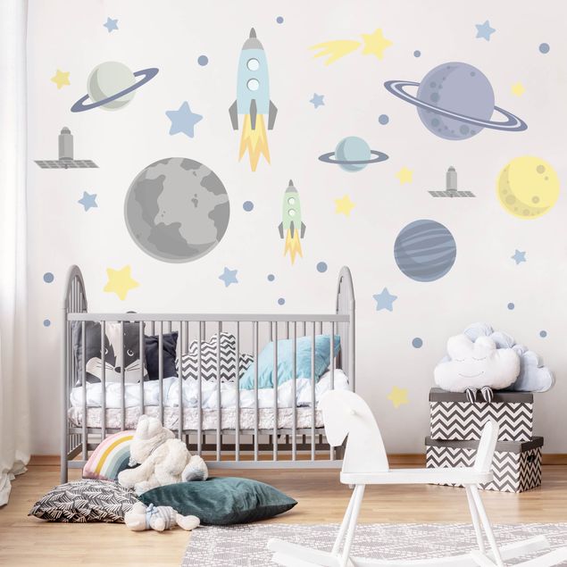 Muurstickers Rocket and planets