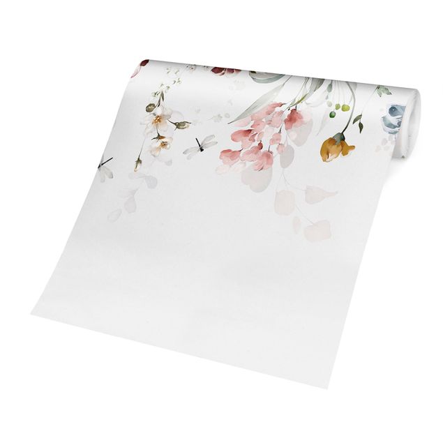 Fotobehang - Tendril Flowers with Butterflies Watercolour