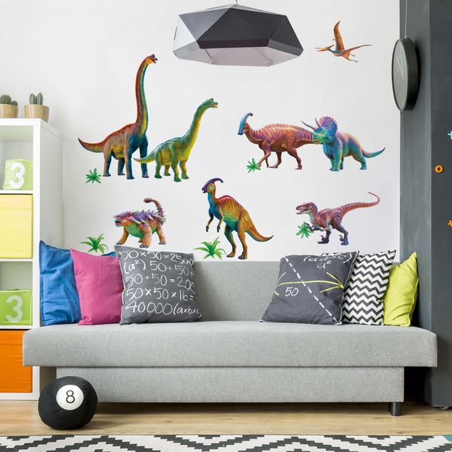 Muurstickers Rainbow dinosaur set