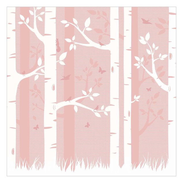 Fotobehang Pink Birch Forest With Butterflies And Birds