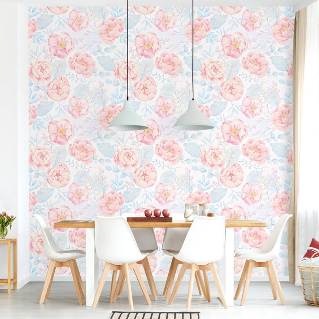 Patroonbehang Pink Flowers With Light Blue Leaves