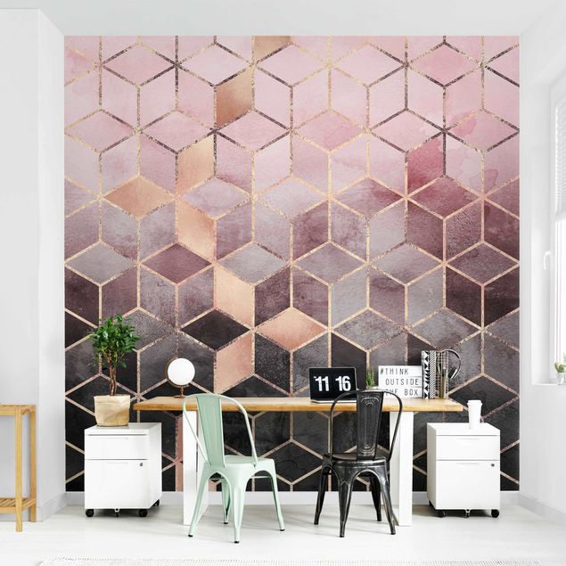 Patroonbehang Pink Grey Golden Geometry