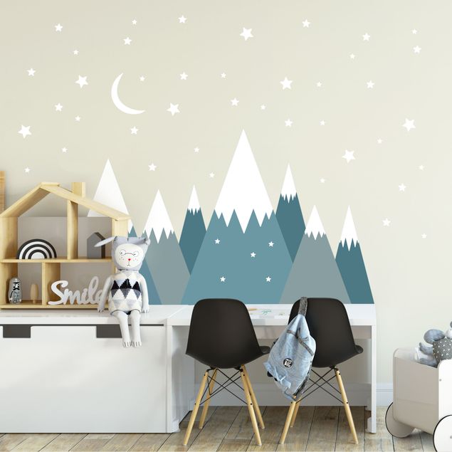 Muurstickers Snow Covored Mountains Stars And Moon