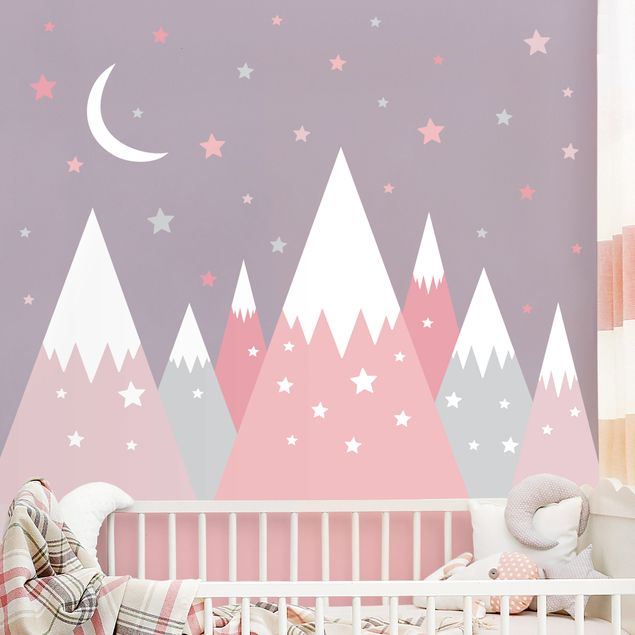 Muurstickers sterren Snow-capped mountains star and moon pink