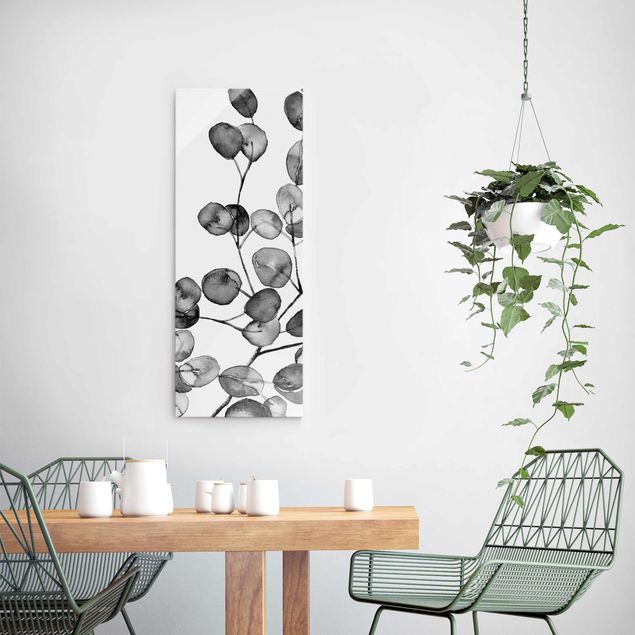 Glasschilderijen Black And White Eucalyptus Twig Watercolour