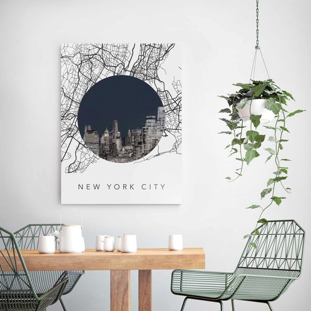 Glasschilderijen Map Collage New York City