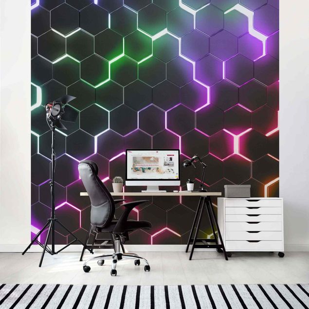 Fototapete - Strukturierte Hexagone mit Neonlicht