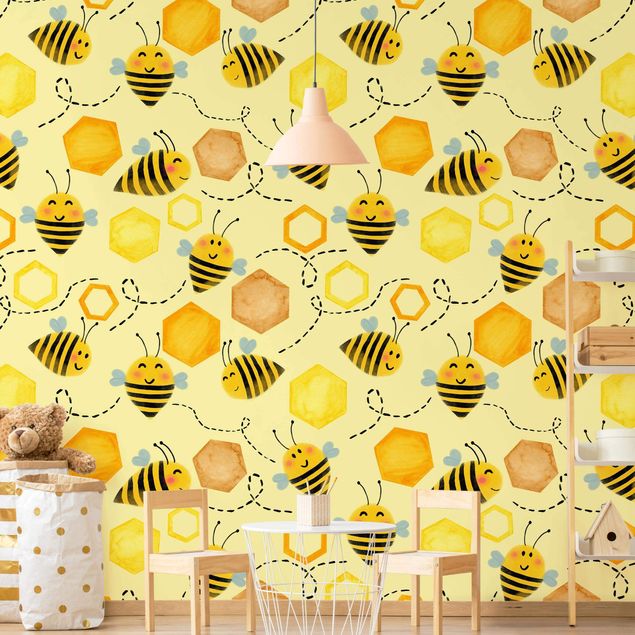 Patroonbehang Sweet Honey With Bees Illustration
