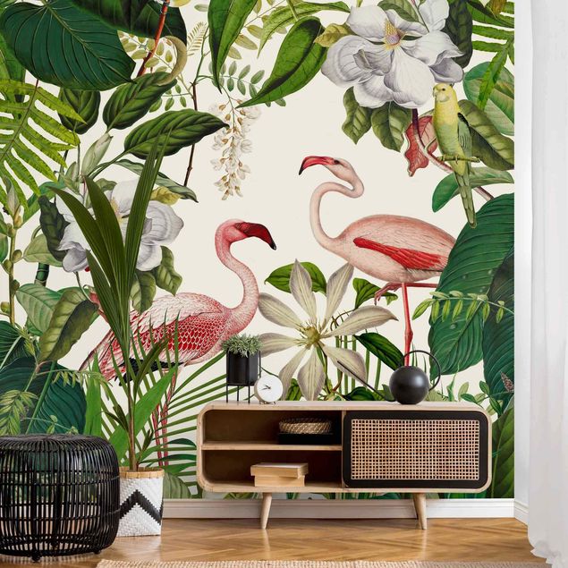 Fotobehang Tropical Flamingos With Plants