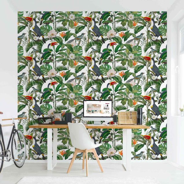 Patroonbehang Tropical Toucan With Monstera And Palm Leaves