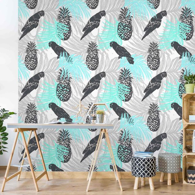 Fotobehang Tropical Pattern With Pineapple And Parrots Turquoise