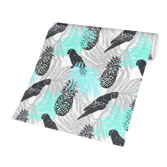 Fotobehang Tropical Pattern With Pineapple And Parrots Turquoise