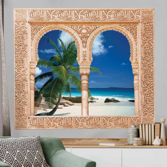 Muurstickers steenlook Decorated window dream beach