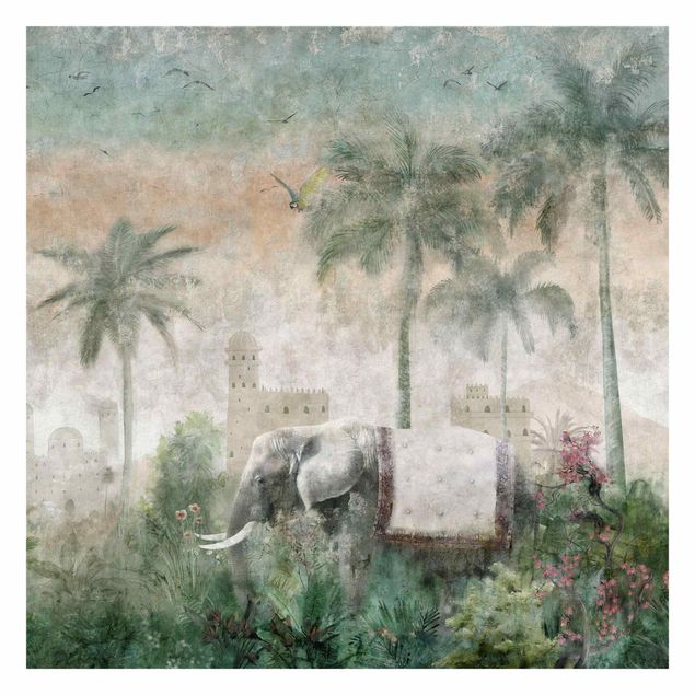 Fotobehang - Vintage Jungle Scene with Elephant