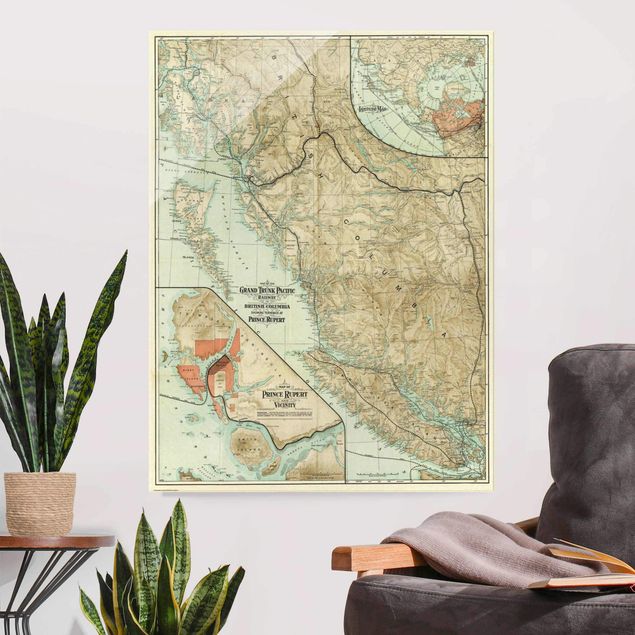 Glas Magnettafel Vintage Map British Columbia