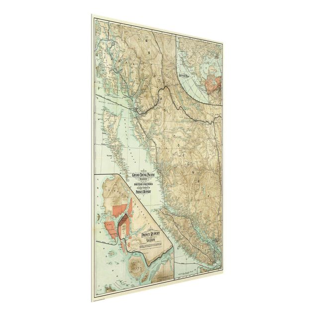 Glasschilderijen Vintage Map British Columbia