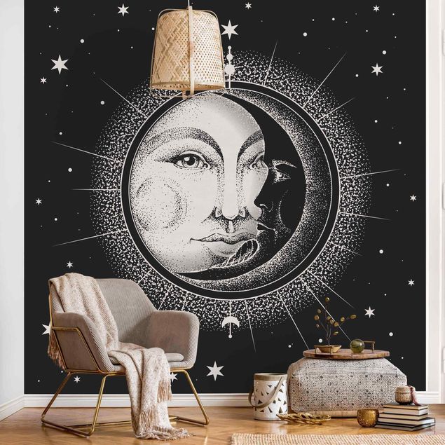 Fotobehang Vintage Sun And Moon Illustration