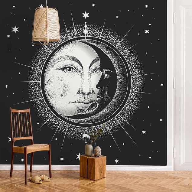 Fotobehang Vintage Sun And Moon Illustration