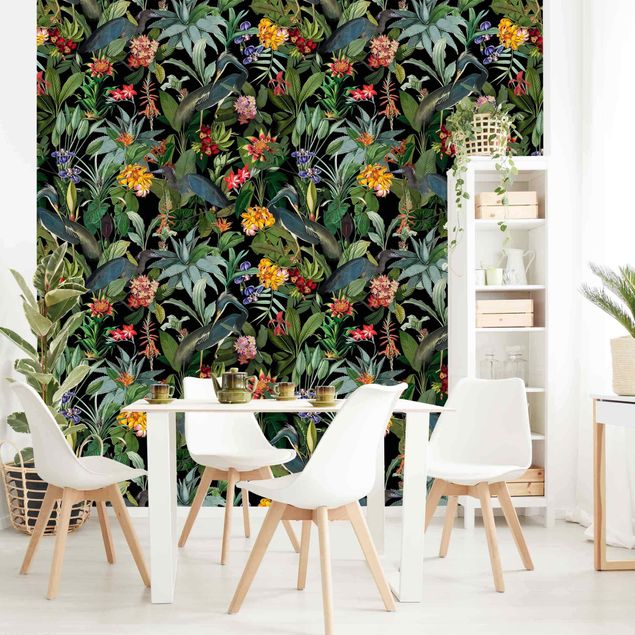 Patroonbehang Birds With Tropical Flowers
