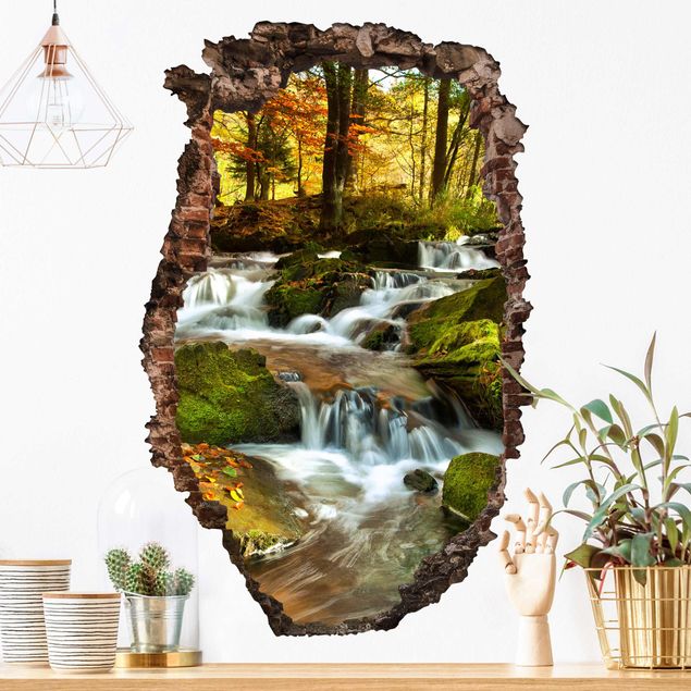 Muurstickers 3d Waterfall Forest In The Fall