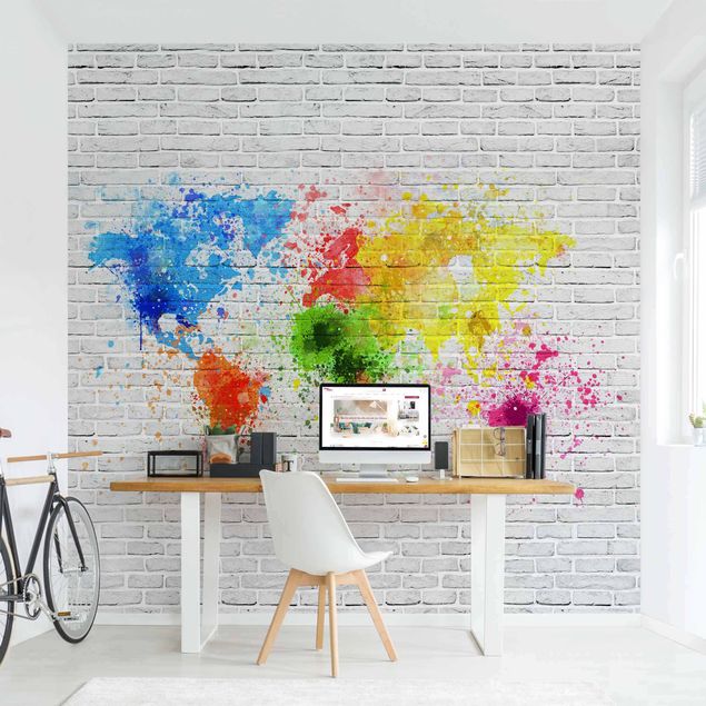 Fotobehang White Brick Wall World Map