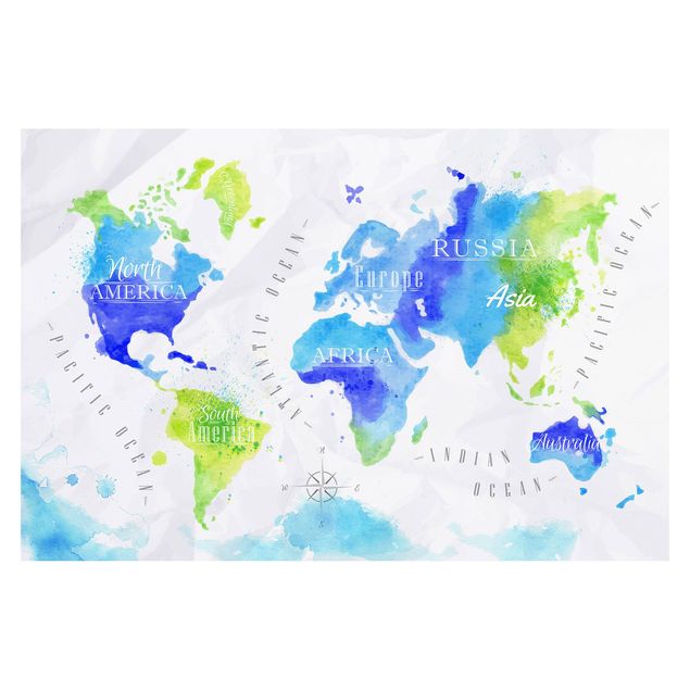 Fotobehang World Map Watercolour Blue Green