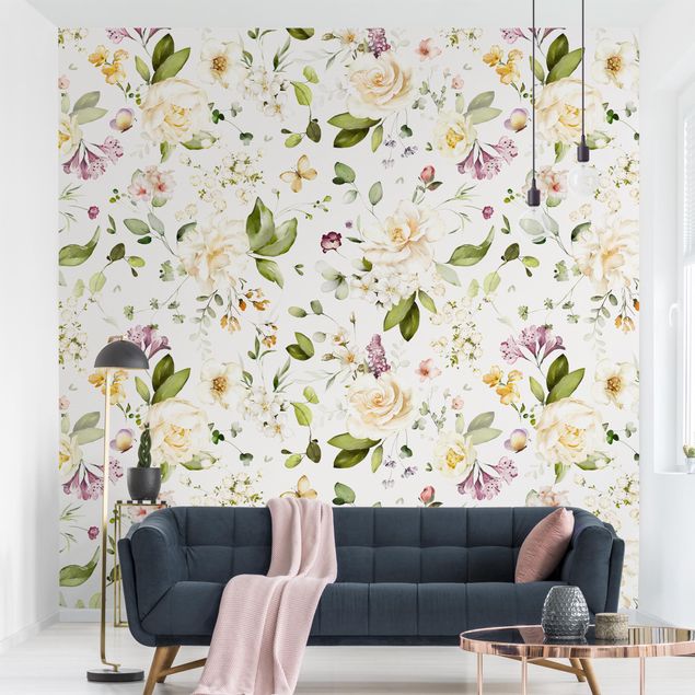 Fotobehang - Wildflowers and White Roses Watercolour Pattern