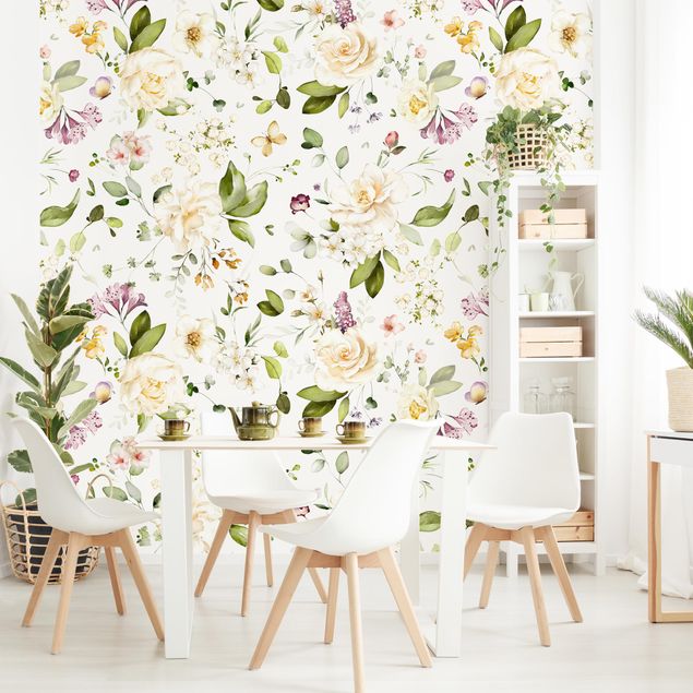 Fotobehang - Wildflowers and White Roses Watercolour Pattern