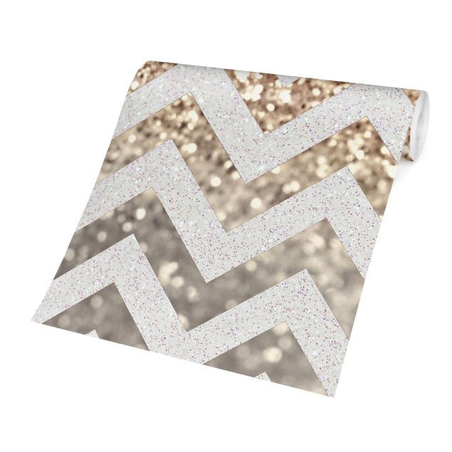 Patroonbehang Zigzag Lines With Golden Glitter and Silver