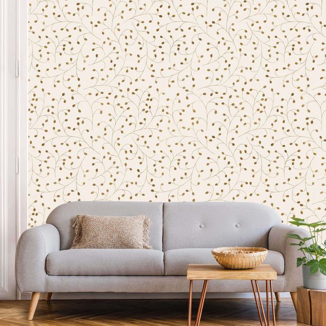 Fotobehang Delicate Branch Pattern With Dots In Gold