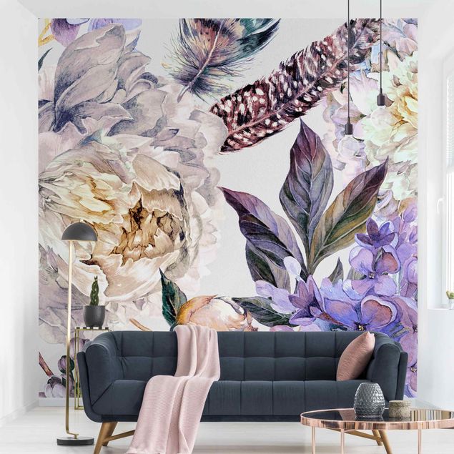 Fotobehang Delicate Watercolour Boho Flowers And Feathers Pattern