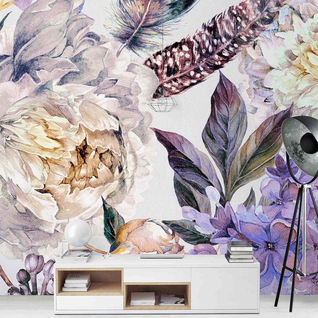 Fotobehang Delicate Watercolour Boho Flowers And Feathers Pattern