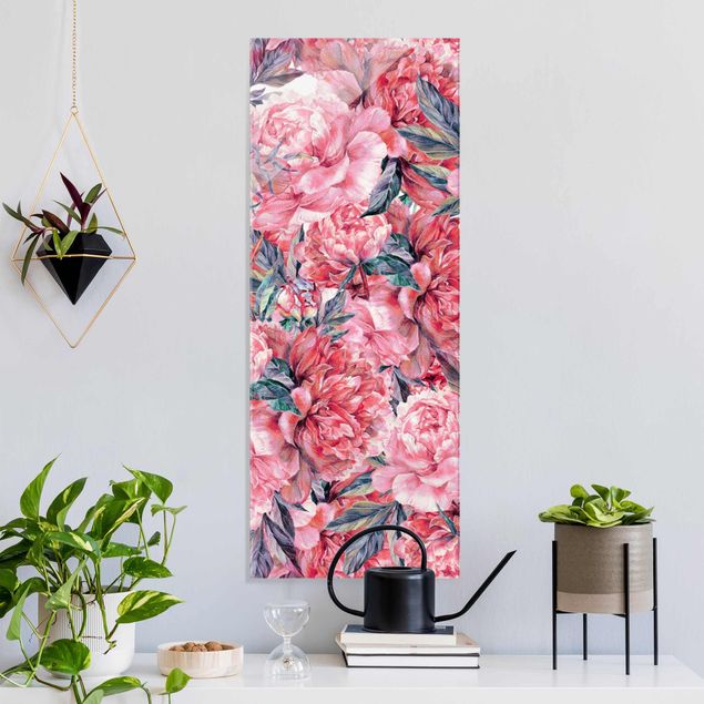 Glas Magnettafel Delicate Watercolour Red Peony Pattern