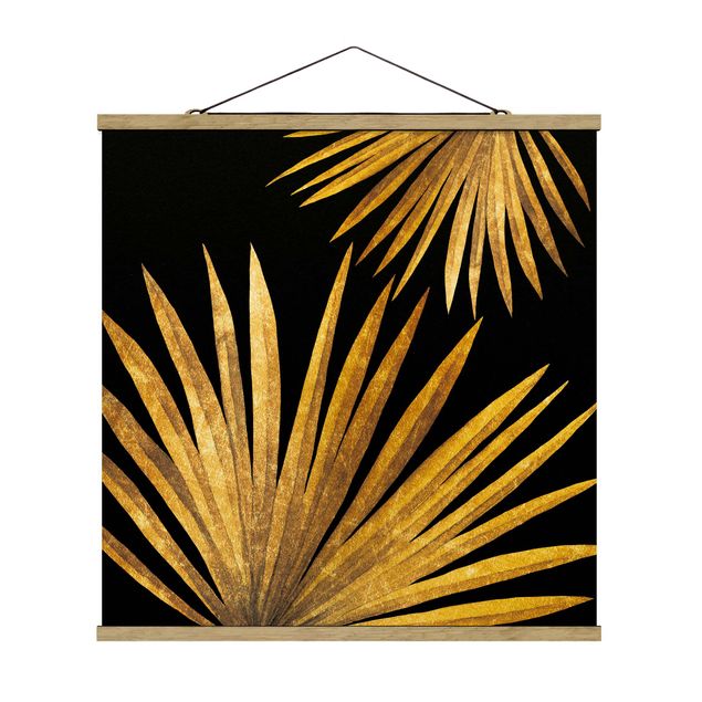 Stoffen schilderij met posterlijst Gold - Palm Leaf On Black