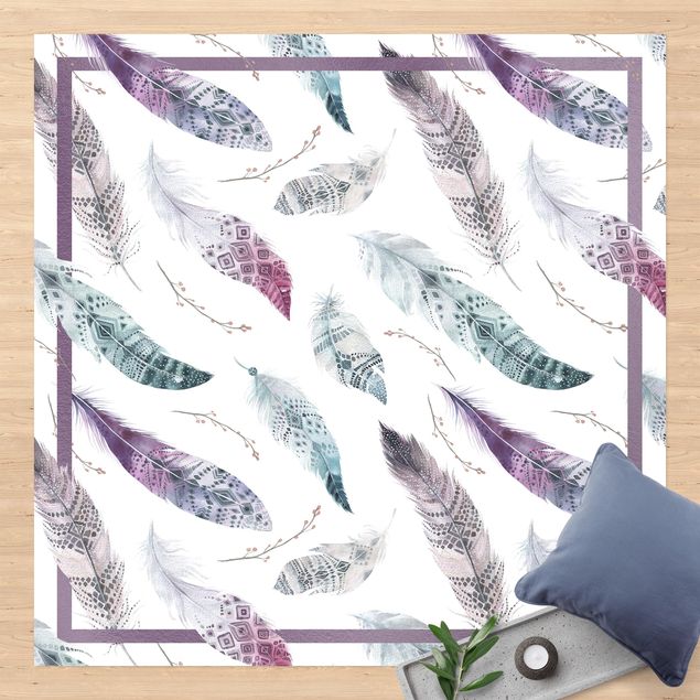 buitenkleed balkon Boho Watercolour Feathers In Aubergine And Petrol Colour With Frame