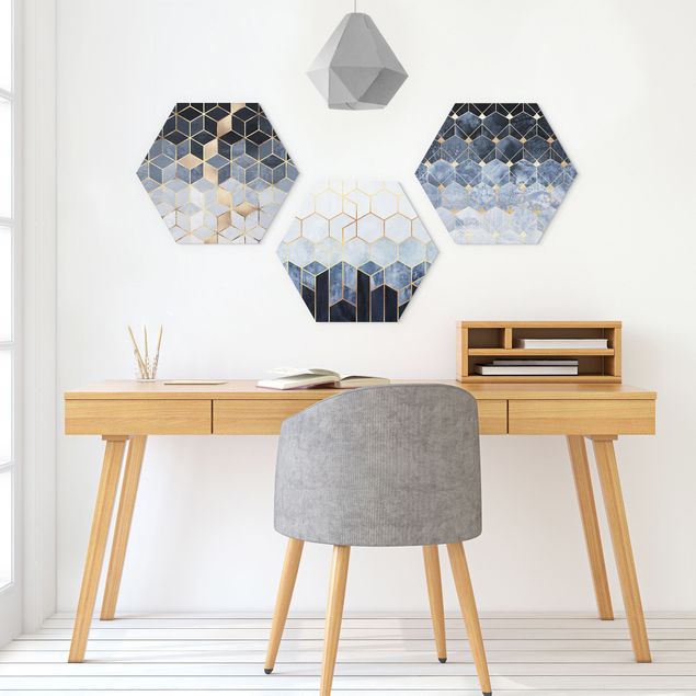 Hexagons Aluminium Dibond schilderijen - 3-delig Blue White Golden Hexagons Set