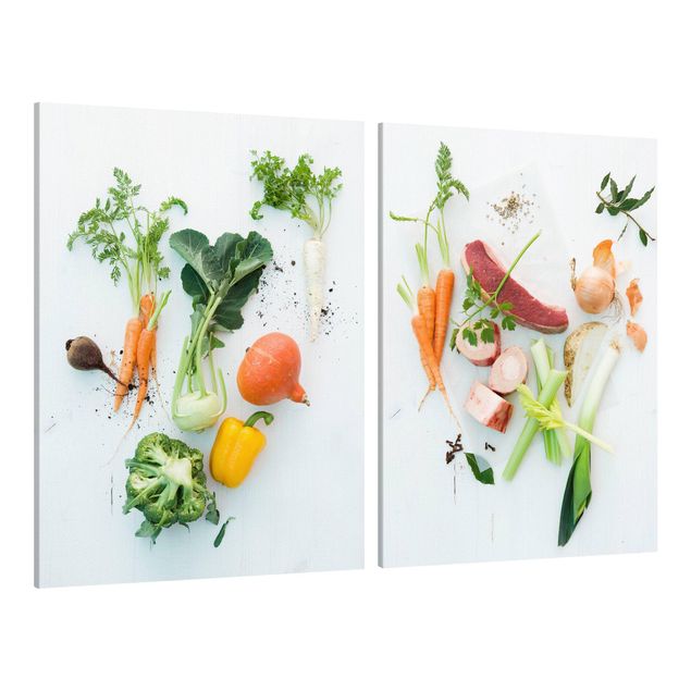 Canvas schilderijen - 2-delig  Vegetables and beef bouillon